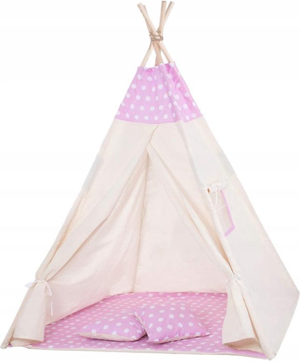 Springos Tipi Tent | Wigwam Speeltent | 120x100x180 cm | Met Mat en Kussens | Naturel Roze | Stippen